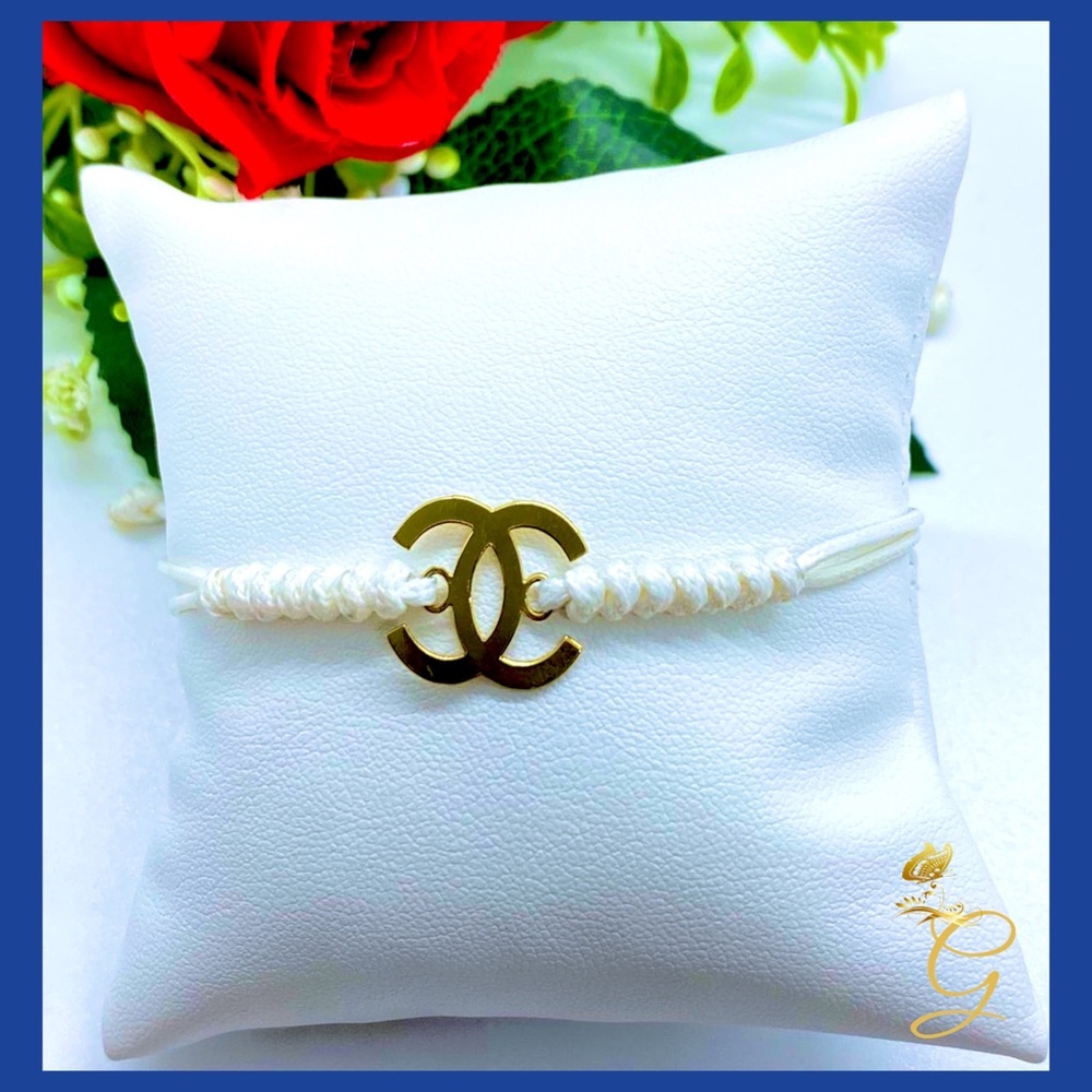 18K Real Solid Gold C Charm with White Braided String Bracelet